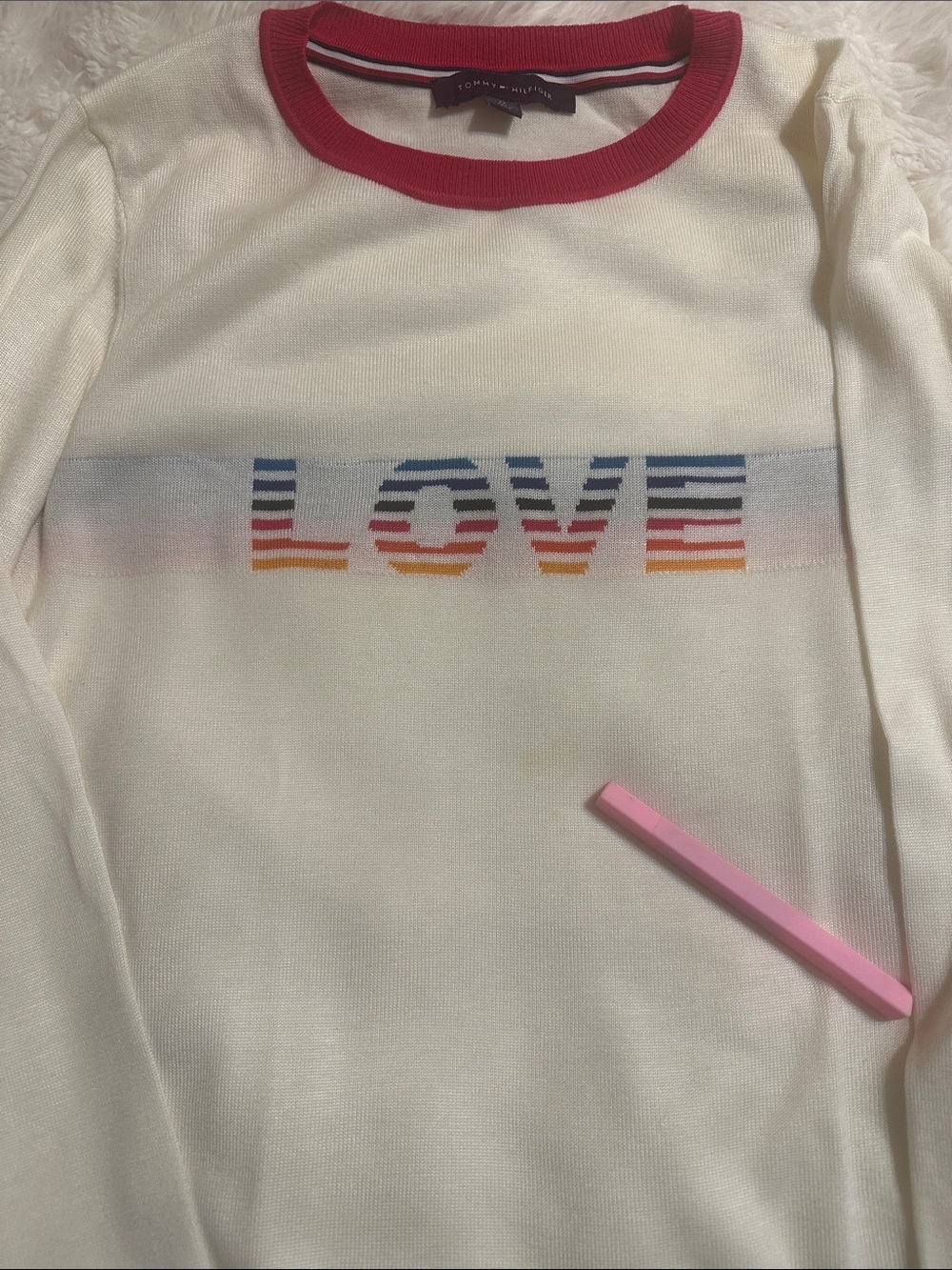 Tommy Hilfiger Rainbow LOVE Crewneck Sweater White Long Sleeve Knit Medium - Picture 9 of 12